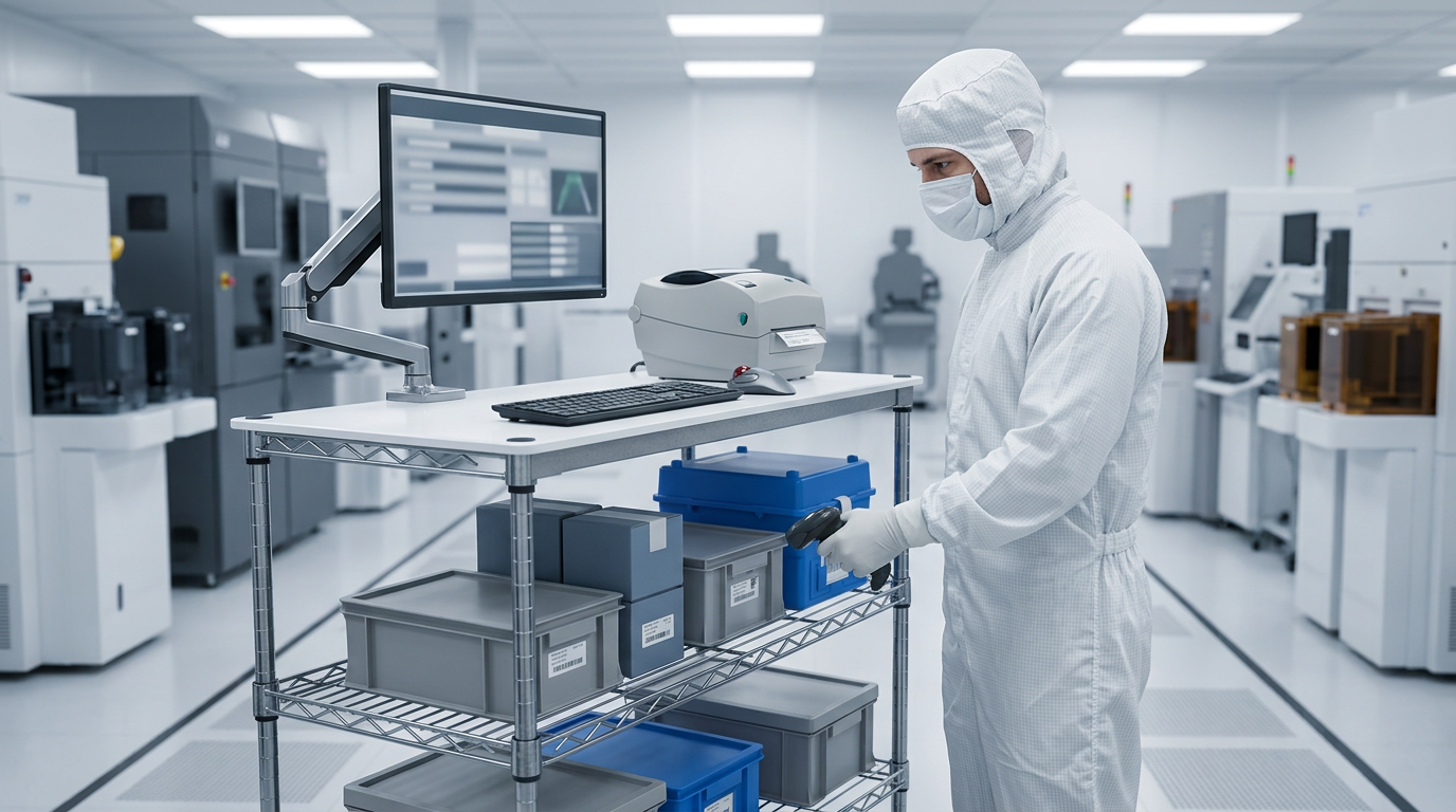 SmartRack workstation on a metal rack in a semiconductor cleanroom
